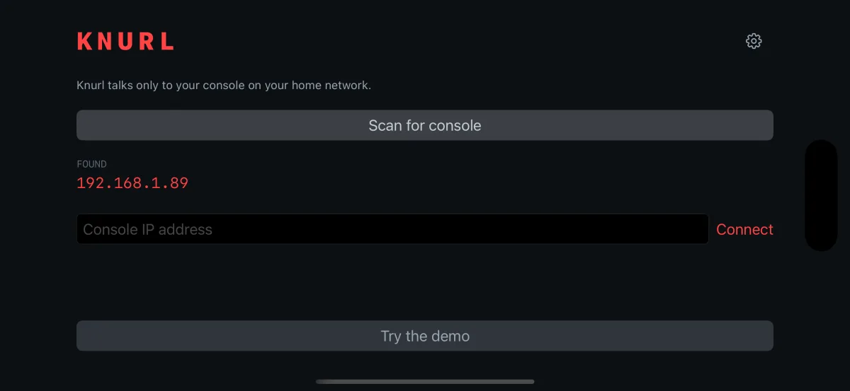 Knurl Connect screen on iPhone: Scan for console, a found console IP, and a manual IP field.