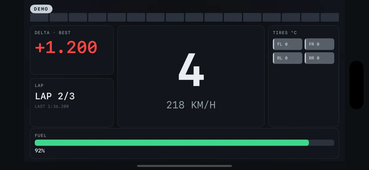 Knurl Race layout on iPhone: gear, speed, lap delta, and fuel.